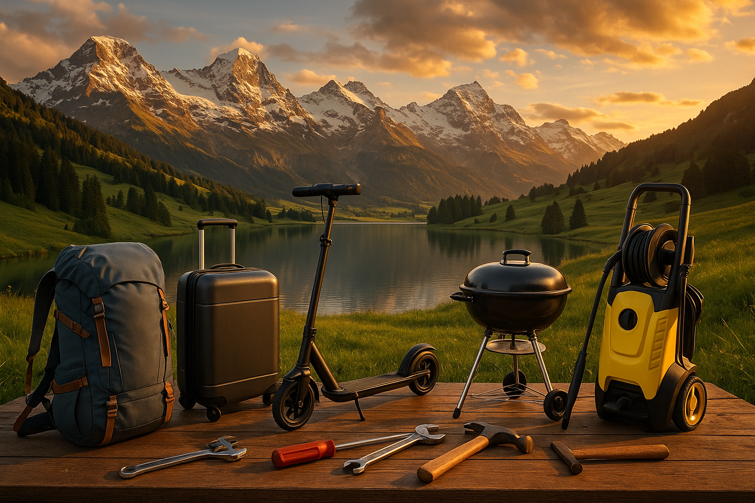 switzerland landscape with products in the view. Backpack, trolley, Kick scooter, A grill, A water pressure machine , some tools